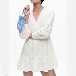 Zara White V-Neck Long Sleeve Ruffle Hem Mini Dress